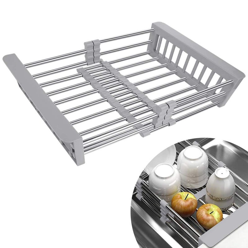 LUEXBOX Expandable Dish Drying Rack Over The Sink, Stainless Steel Drainer Basket with Adjustable Arms for Vegetable and Fruit (Grey) - Image 1